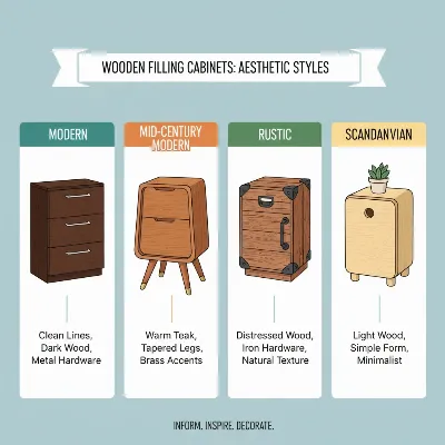 Aesthetic wooden filing cabinets in various styles: modern, mid-century modern, rustic, and Scandinavian, arranged in an infographic format.