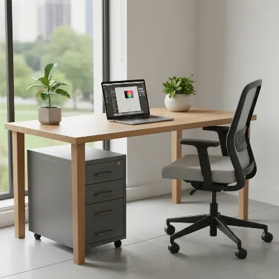 A modern, compact 2-drawer budget metal filing cabinet in a clean home office setting under a desk, with a potted plant on top and a laptop nearby. Bright, natural lighting.