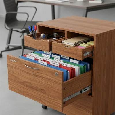 An open drawer of a Devaise 3-Drawer Wood Mobile File Cabinet, showing organized hanging files and office supplies.