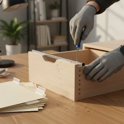 A person's hands installing a metal divider rail into a wooden drawer, with hanging files nearby
