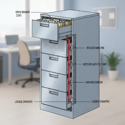 An illustration showing a cutaway view of a filing cabinet with an anti-tilt locking mechanism engaged, preventing multiple drawers from opening.