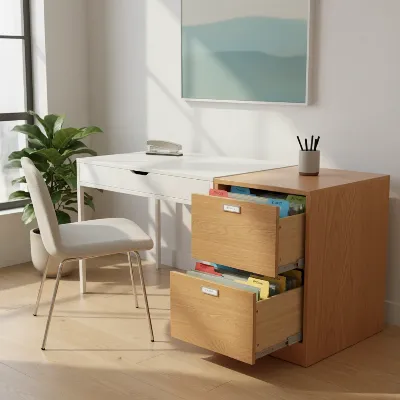 A modern wooden filing cabinet next to a tidy desk, with neatly labeled folders and office supplies