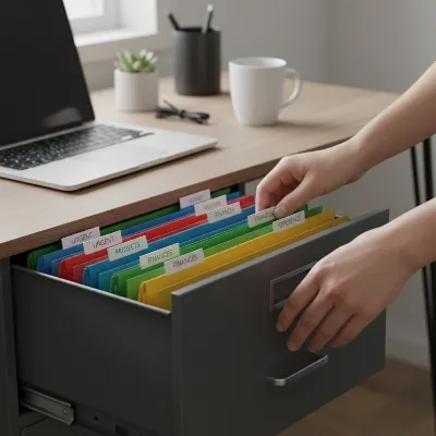 A person organizing color-coded files in a neat filing cabinet drawer in a home office.