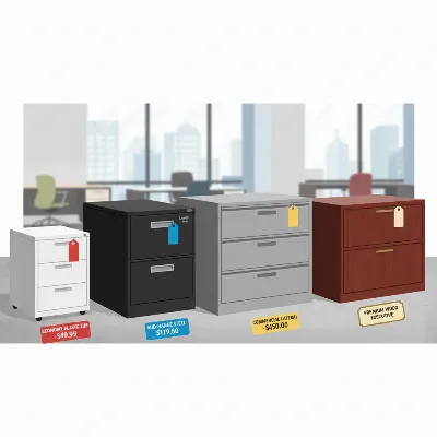Different types of filing cabinets with varying price tags in an office furniture store