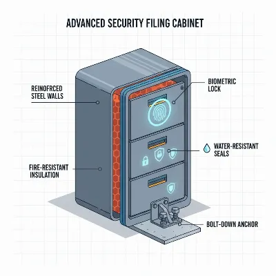 An illustrative infographic highlighting key security features of a lockable filing cabinet, including advanced lock, steel construction, and fire/water resistance. 