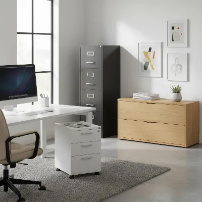 Various types of filing cabinets including vertical, lateral, and mobile, in a modern home office setting.