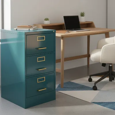 A beautifully painted metal filing cabinet in a modern office setting, showcasing its refreshed appearance and functional elegance.