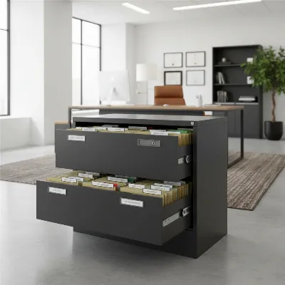 A robust heavy-duty steel lateral filing cabinet in a modern law firm office setting, filled with legal-sized files and secure with an advanced locking mechanism. The cabinet is sleek and professional.