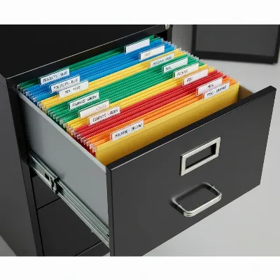 Hirsh Industries 3 Drawer File Cabinet with meticulously organized hanging files, labeled for efficiency.