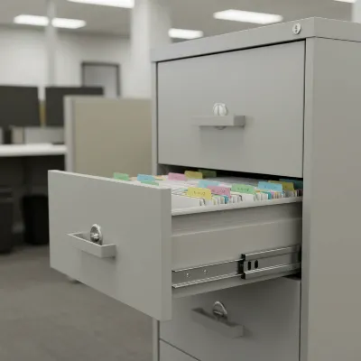 A close-up view of a HON 4-drawer lateral file cabinet, focusing on the smooth ball-bearing drawer suspension and the secure locking mechanism. The cabinet is a light gray color, with precise detailing highlighting its robust construction.