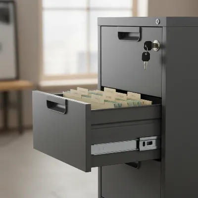 A close-up of the Laura Davidson Stockpile 3-drawer file cabinet highlighting its smooth glides and locking mechanism.