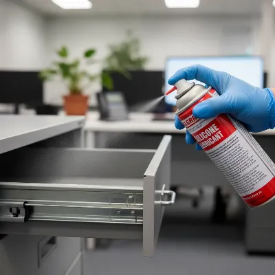 Applying silicone lubricant to filing cabinet drawer slides for smooth operation