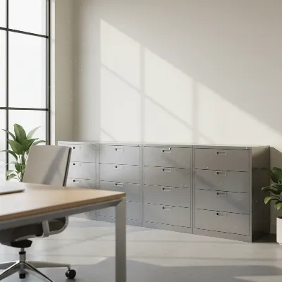 Modern metal filing cabinets in a sleek, minimalist office setting, showcasing durability and functionality.