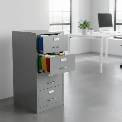 A sleek gray metal filing cabinet in a modern office, filled with organized, color-coded folders