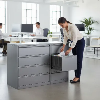 Durable metal lateral filing cabinet in a modern office space, emphasizing security and organization