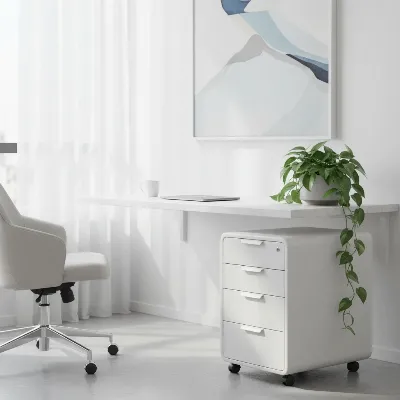 A sleek, modern mobile filing cabinet with three drawers, in a minimalist office setting with a desk and computer.