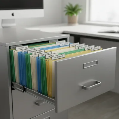 A close-up of an open 3-drawer filing cabinet with neatly arranged, color-coded files and clear labels in a modern office, showing attention to detail.