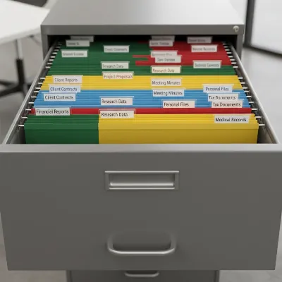 Close-up of an open filing cabinet drawer with perfectly organized, color-coded hanging file folders and clear labels. The files are neatly arranged for easy access.