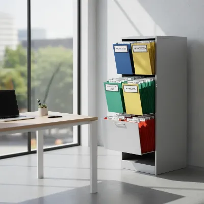 An open 3-drawer filing cabinet with neatly organized color-coded hanging files in an office setting, with a clear desk in the foreground.
