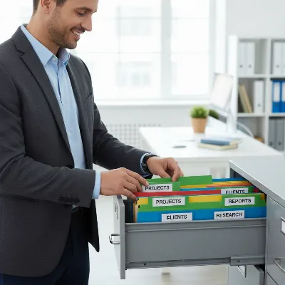 A person with a warm, friendly expression carefully organizing colorful file folders into a modern, open filing cabinet drawer in a well-lit office. The folders are clearly labeled, demonstrating an efficient organization system.