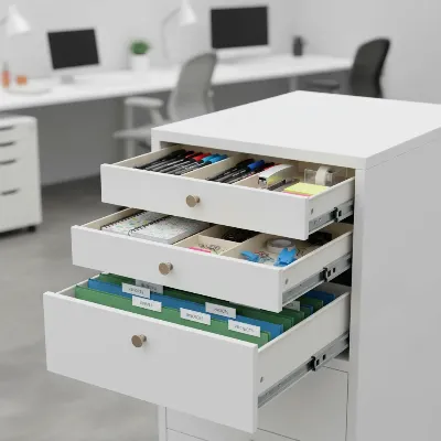 Open drawers of a Poppin White 3-Drawer Stow File Cabinet with organized files and office supplies