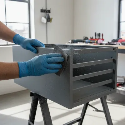 A person sanding an old metal filing cabinet to prepare it for painting, showing removed drawers and a well-ventilated workspace.