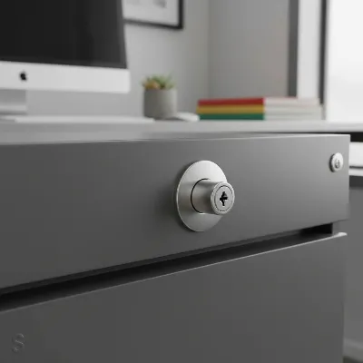 A secure, modern metal filing cabinet with a robust locking mechanism in a professional office.